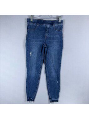 Spanx Jeans Skinny Distressed High-Rise Womens Size Large Blue Wash Frayed Hem